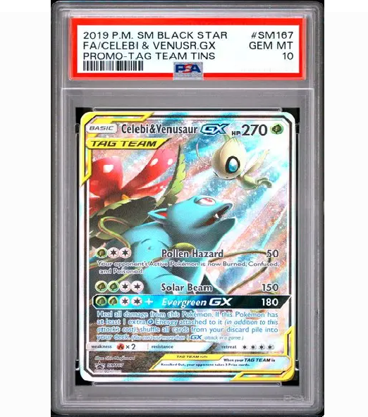 2019 POKEMON SM BLACK STAR PROMO #SM167 FA/CELEBI & VENUSR.GX PROMO-TAG TEAM TINS (PSA 10)