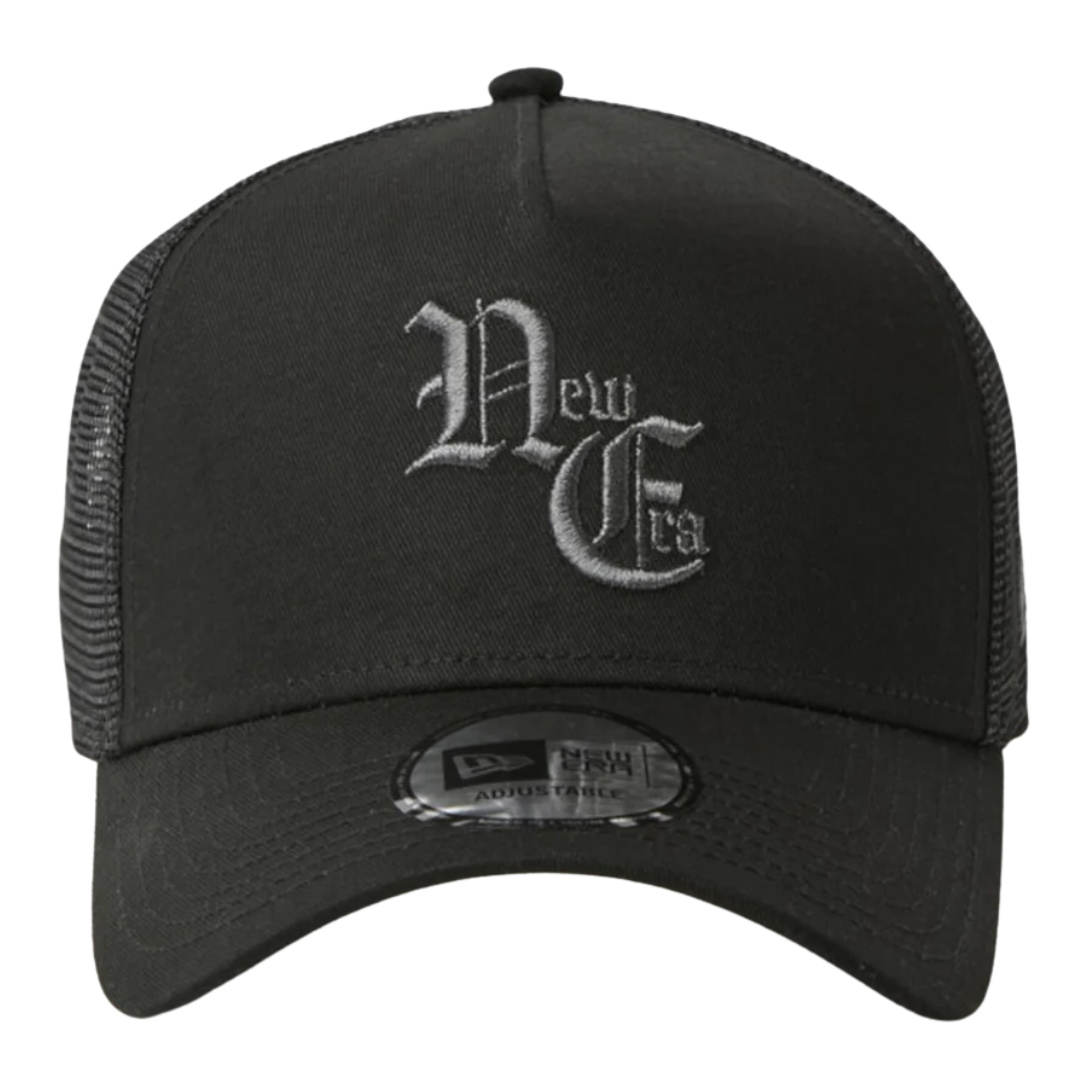 New Era NE Old English Logo Black White 9FORTY A-Frame Trucker Snapback Cap
