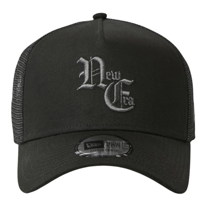 New Era NE Old English Logo Black White 9FORTY A-Frame Trucker Snapback Cap