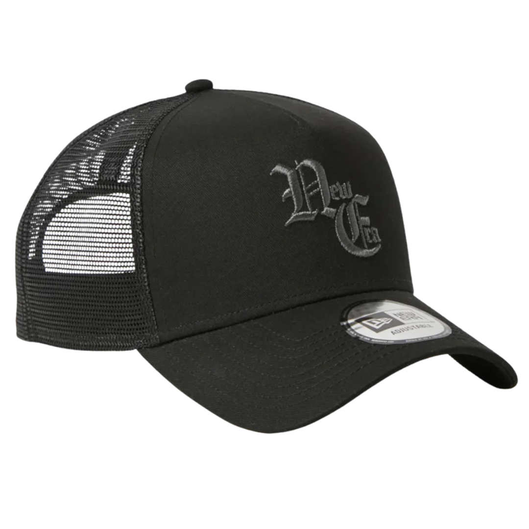 New Era NE Old English Logo Black White 9FORTY A-Frame Trucker Snapback Cap