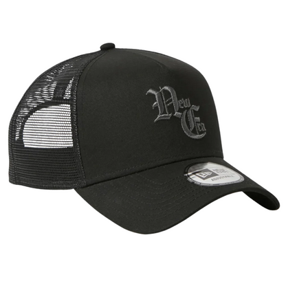 New Era NE Old English Logo Black White 9FORTY A-Frame Trucker Snapback Cap