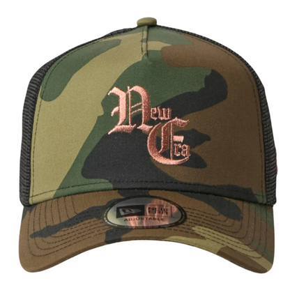New Era NE Old English Logo Camo 9FORTY A-Frame Trucker Snapback Cap