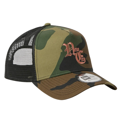 New Era NE Old English Logo Camo 9FORTY A-Frame Trucker Snapback Cap