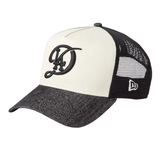 New Era 9forty A-Frame Trucker Los Angeles Dodgers City Connect Laser Burn Out 2-Tone Black Visor Chrome White