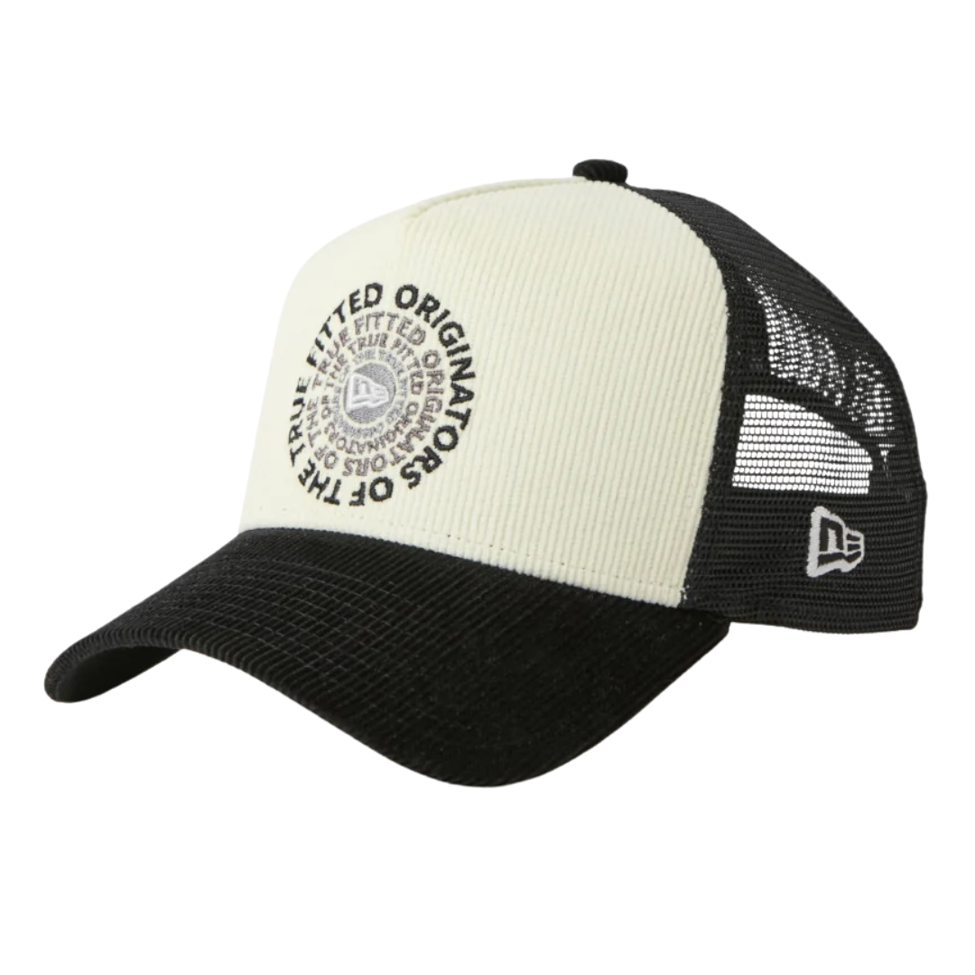 New Era 9FORTY A-Frame Trucker Corduroy OOTTF 2-Tone Black Visor Chrome White Snapback