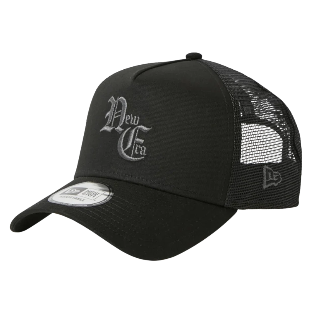 New Era NE Old English Logo Black White 9FORTY A-Frame Trucker Snapback Cap