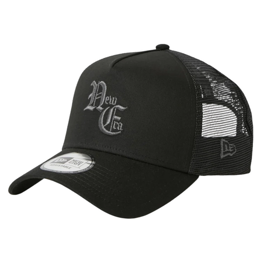 New Era NE Old English Logo Black White 9FORTY A-Frame Trucker Snapback Cap