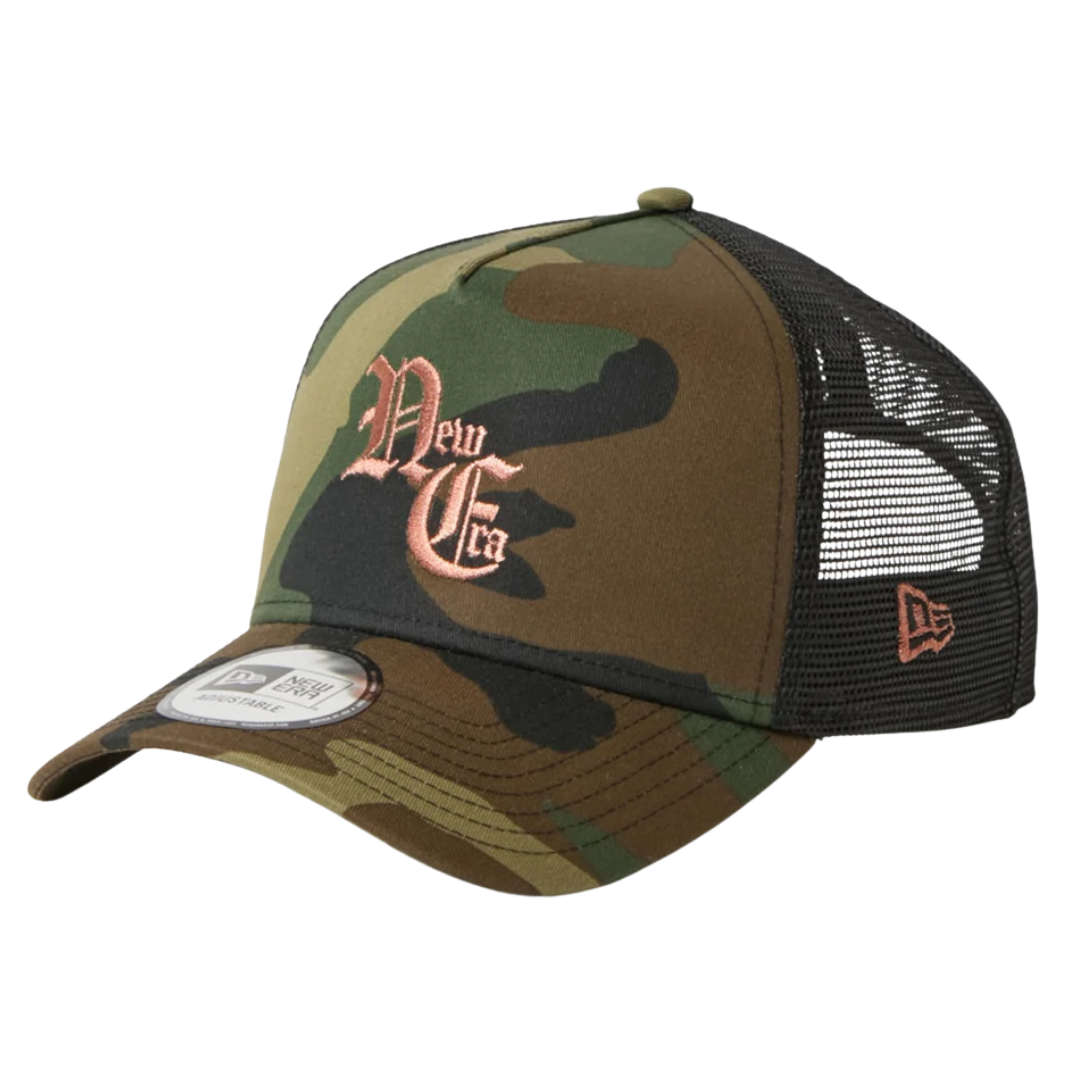 New Era NE Old English Logo Camo 9FORTY A-Frame Trucker Snapback Cap