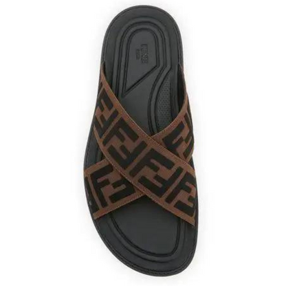 Fendi Mens Slide Sandals FF Logo Brown Black