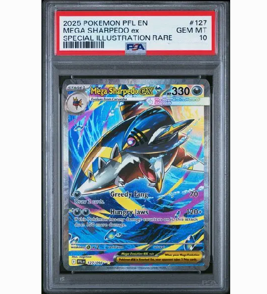 2025 POKEMON PFL EN-PHANTASMAL FLAMES #127 MEGA SHARPEDO ex SPECIAL ILLUSTRATION RARE (PSA 10)